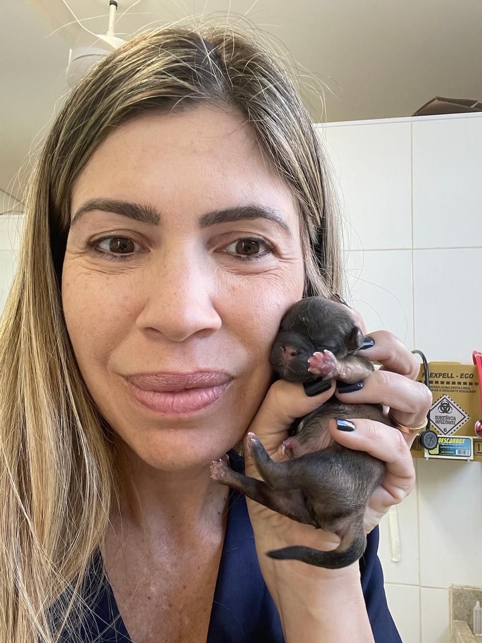 Dra. Bruna segurando um filhote de cão recém-nascido